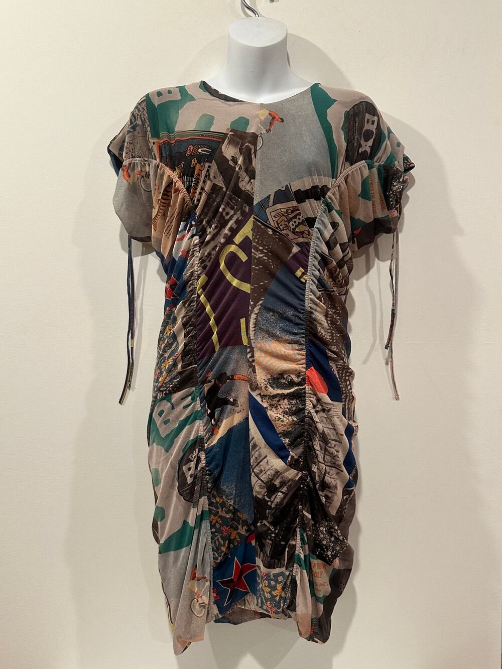 Desigual Sheer Mesh Collage Print Ruched Bodycon Dress Drawstring Y2K Large